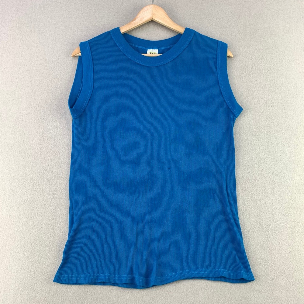 VTG A&A Ribbed Sleeveless T-Shirt Mens L Blue Solid Cotton Blend Tank Top